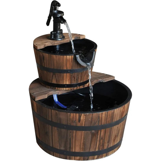 Wood Freestanding Fountain with Two Tier Waterfall Barrel Electric Pump for Garden Decor Lawn Backyard