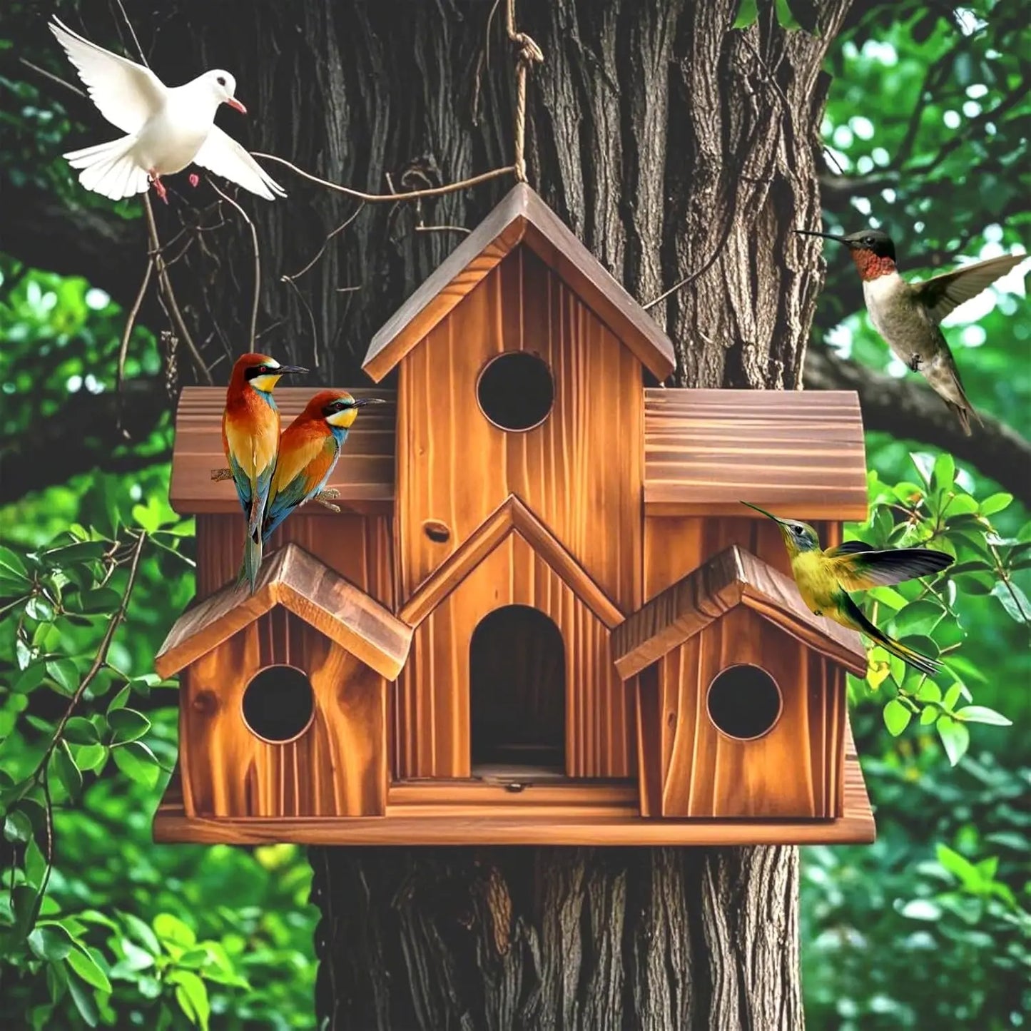 Handmade 6 Hole Outdoor Bird House for Gardening Decoration and Bird Habitat