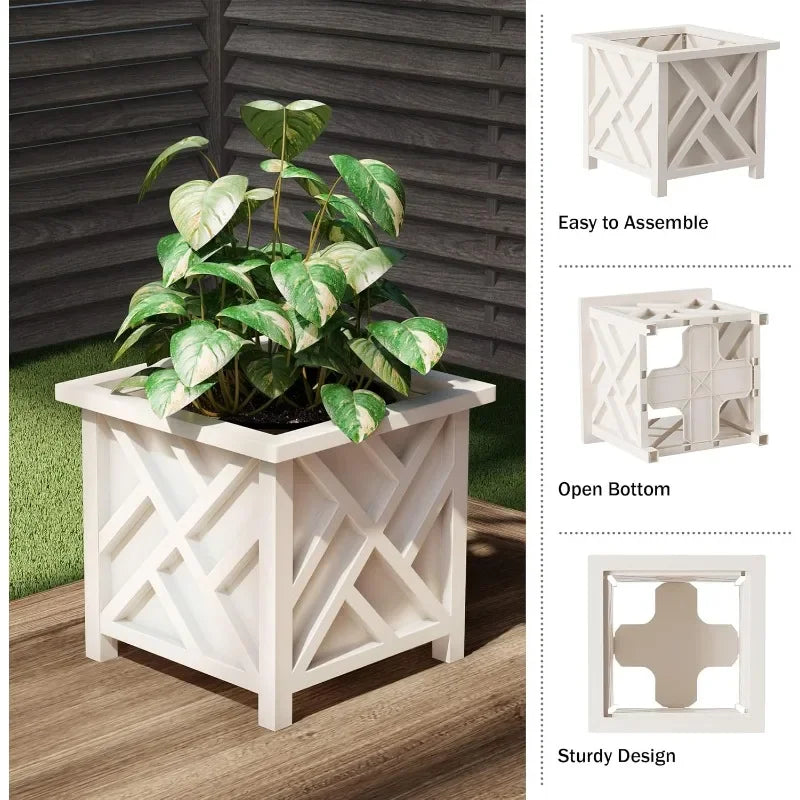 Lattice Design Planter Box 2 Pack 14.75 Inch Decorative Outdoor Flower Pots for Front Porch Patio and Garden Decor
