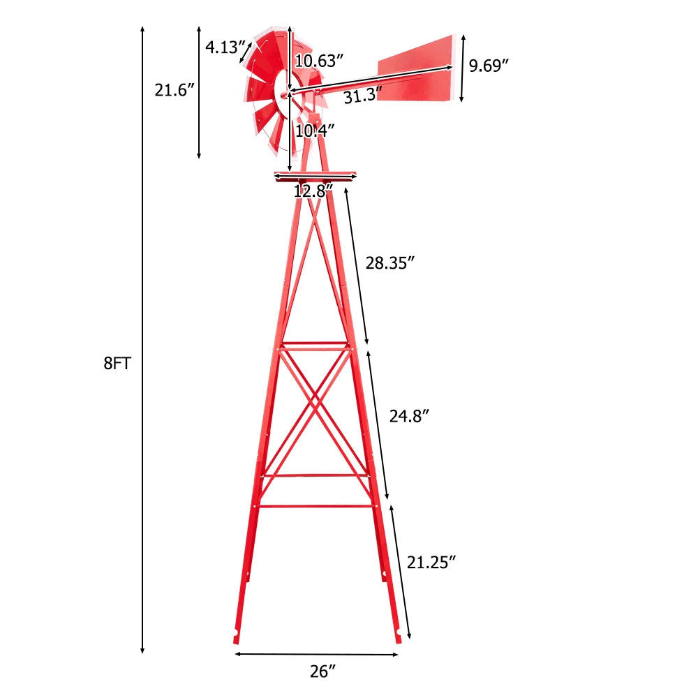 8FT Weather Resistant Red Yard Garden Windmill Decor