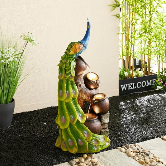 40 Inch Tall Oversized Sculpture Waterfall Fountain with LED Lights Submersible Pump for Garden Terrace Outdoor Use