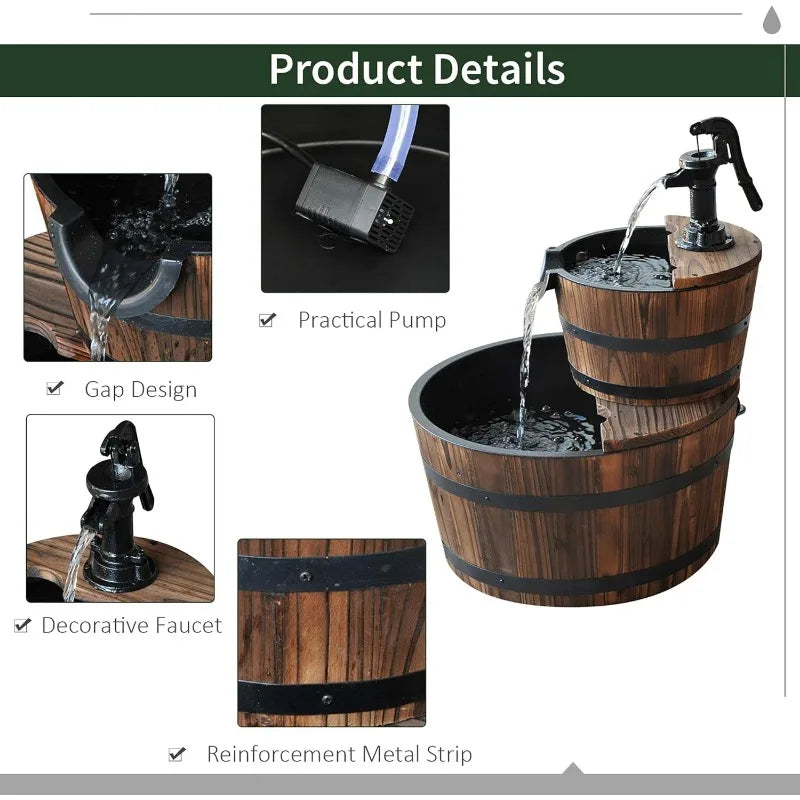 Wood Freestanding Fountain with Two Tier Waterfall Barrel Electric Pump for Garden Decor Lawn Backyard