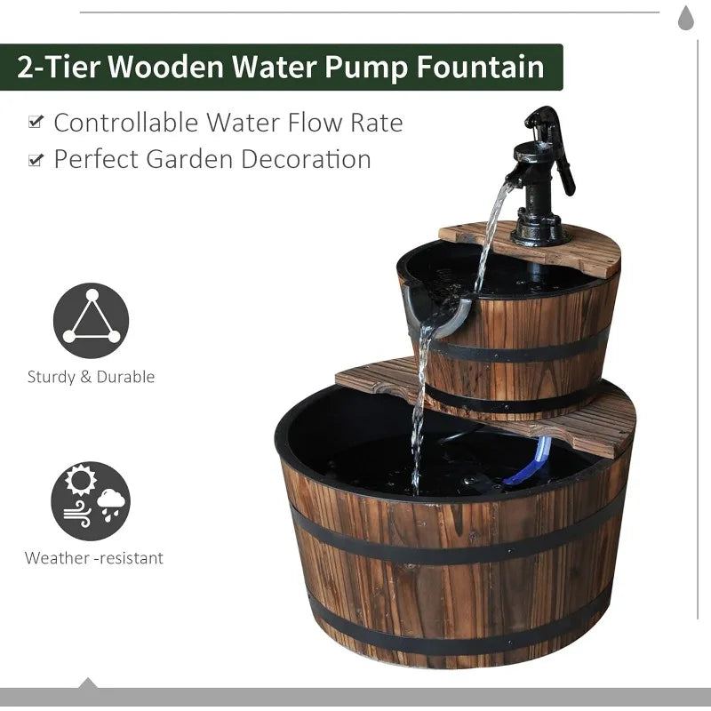 Wood Freestanding Fountain with Two Tier Waterfall Barrel Electric Pump for Garden Decor Lawn Backyard
