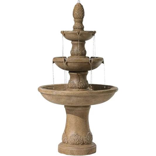 Italian Outdoor Floor Bubbler Fountain with Three Tiered Basins 57 Inches High for Garden Patio Backyard Deck Home Lawn