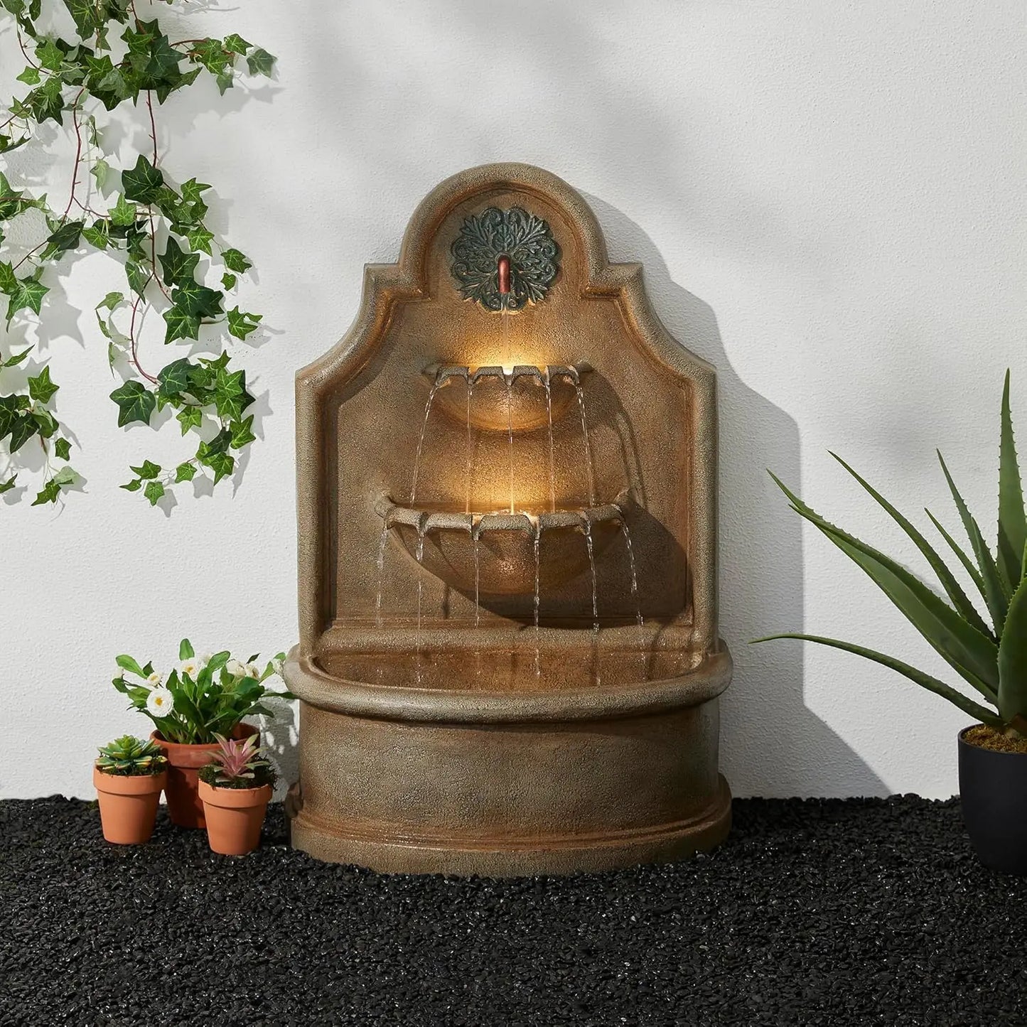 Stone Like Outdoor Water Fountain Bird Bath Patio Fountain Freestanding Waterfall Fountain with Birds Decor