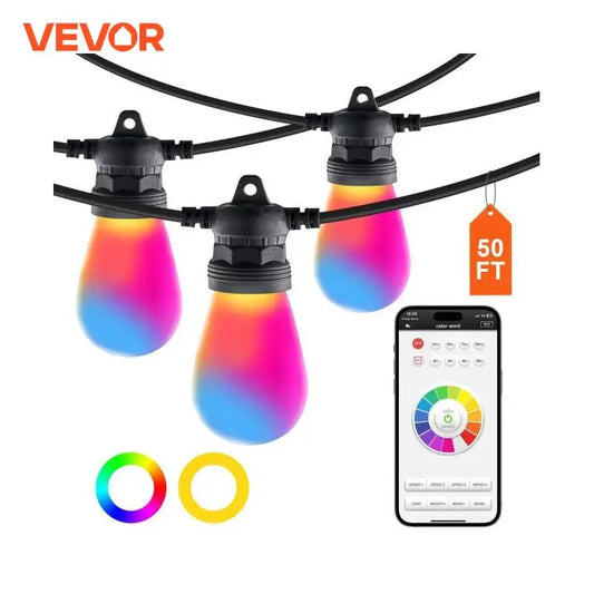 VEVOR RGB Outdoor String Lights with App Control 15 Adjustable Brightness Waterproof Hanging Lights