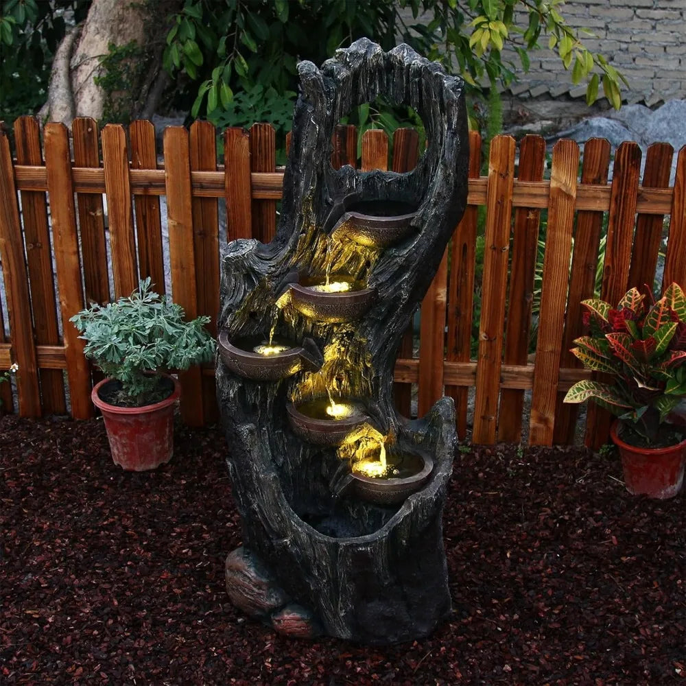 6-Tier Floor Cascading Waterfall Fountain Outdoor Indoor Tree Trunk Water Garden Fountain with LED Lights