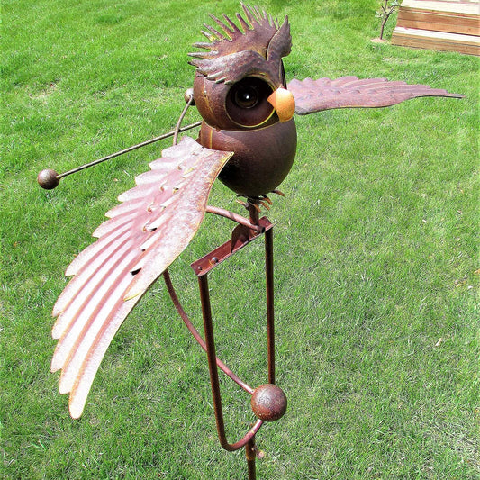 Flapping Metal Brown Gray Owl Yard Stake Rocking Wind Whirly Garden Art