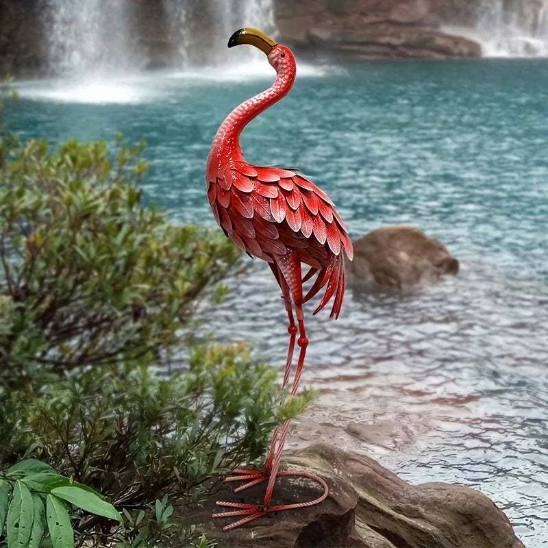 Rustic Metal Flamingo Garden Decor Large Bird Statue for Lawn Backyard Porch Ornament Single Outdoor Sculpture