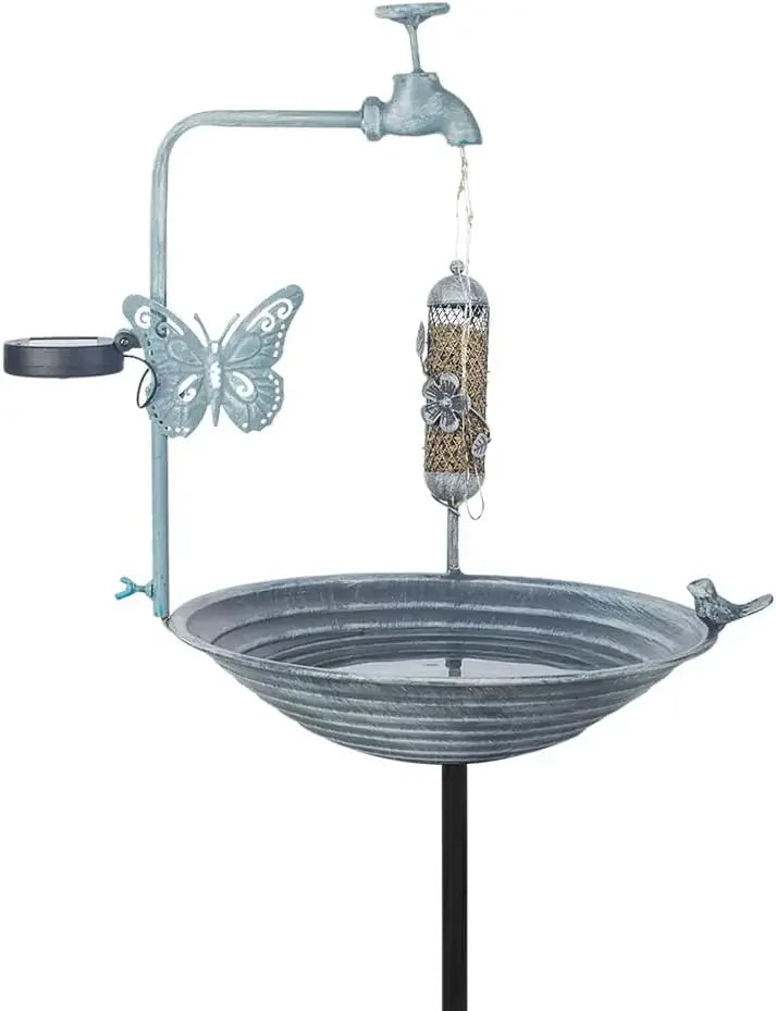 Blue Bird Baths for Outdoors Metal Garden Bird Bath with Solar Lamp Vintage S Shape Birdbaths and Flower Planter