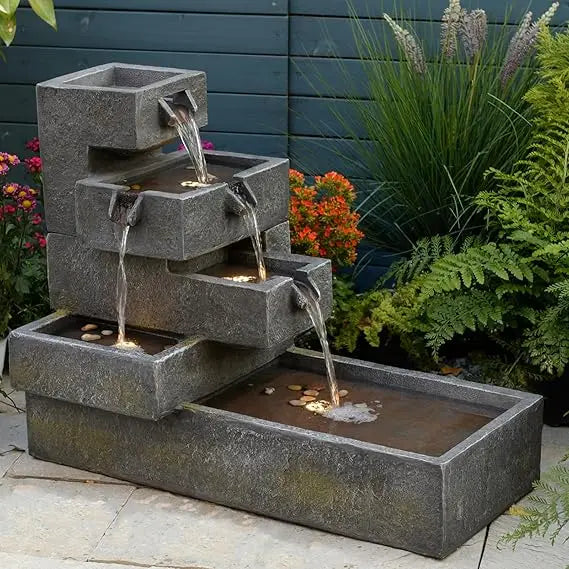 Tiered Water Fountain Outdoor Garden Freestanding Cascade Fountain Modern Concrete Artistry with LED Light