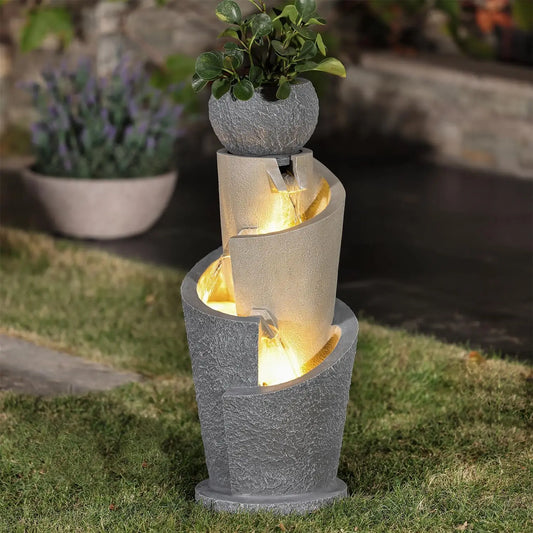 Resin Cascading Spiral Outdoor Patio Garden Fountain with Lights for Backyard Deck and Lawn
