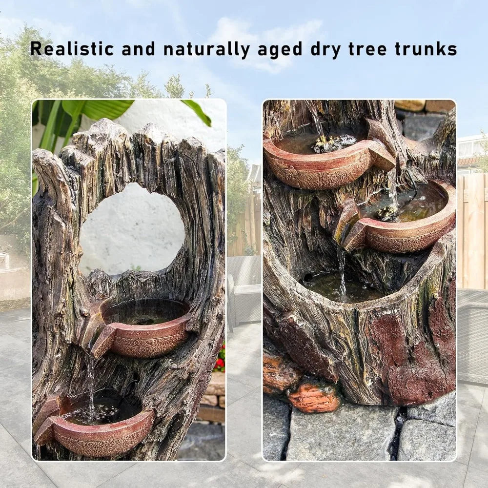 6-Tier Floor Cascading Waterfall Fountain Outdoor Indoor Tree Trunk Water Garden Fountain with LED Lights