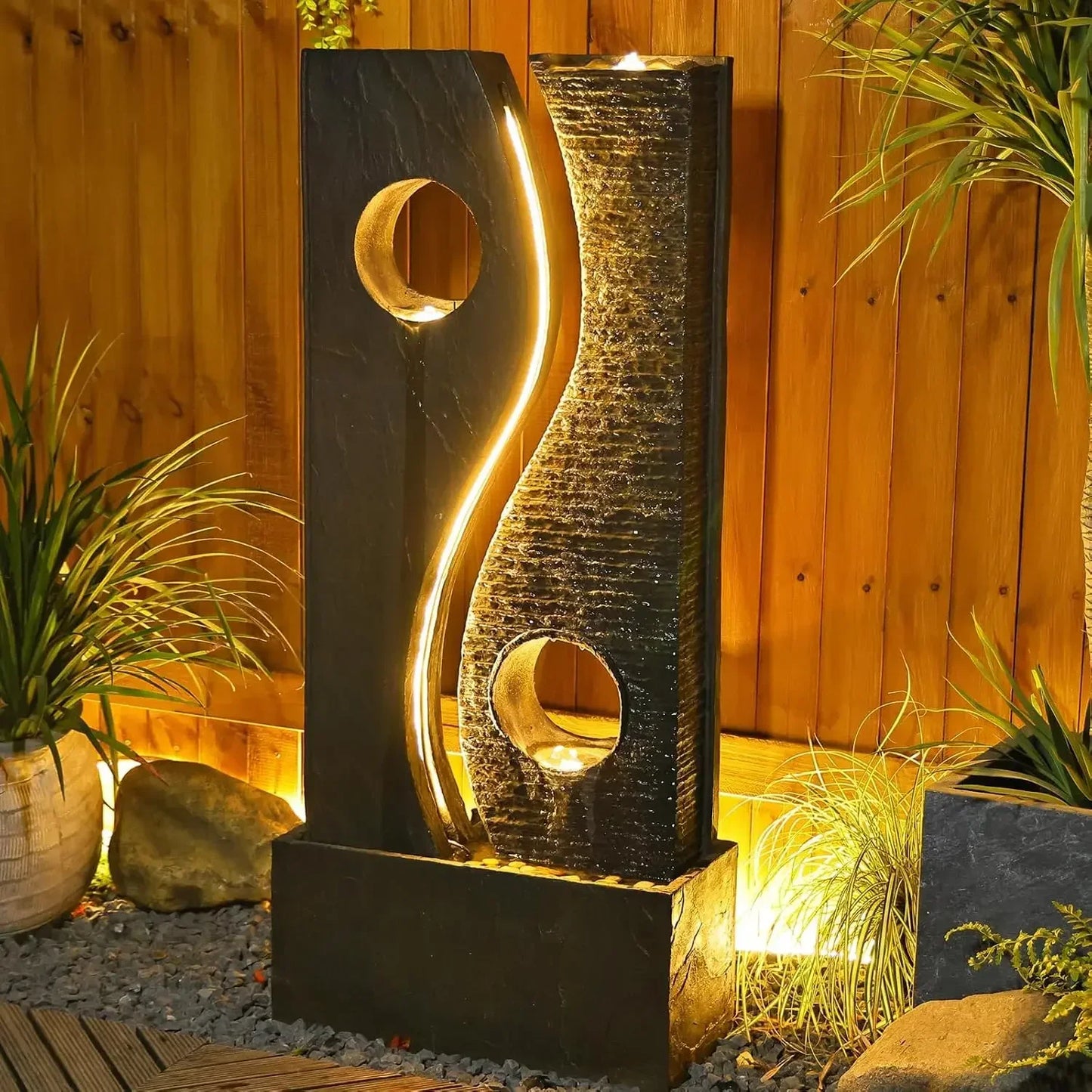 Outdoor Water Fountain Garden Feature - Large Freestanding Modern Waterfall Design with Faux Rust Finish