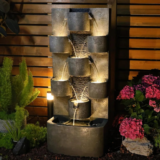 45 Inch Outdoor Water Fountain Garden Large Cascading Waterfall Freestanding Water Feature with Lights for Patio and Backyard