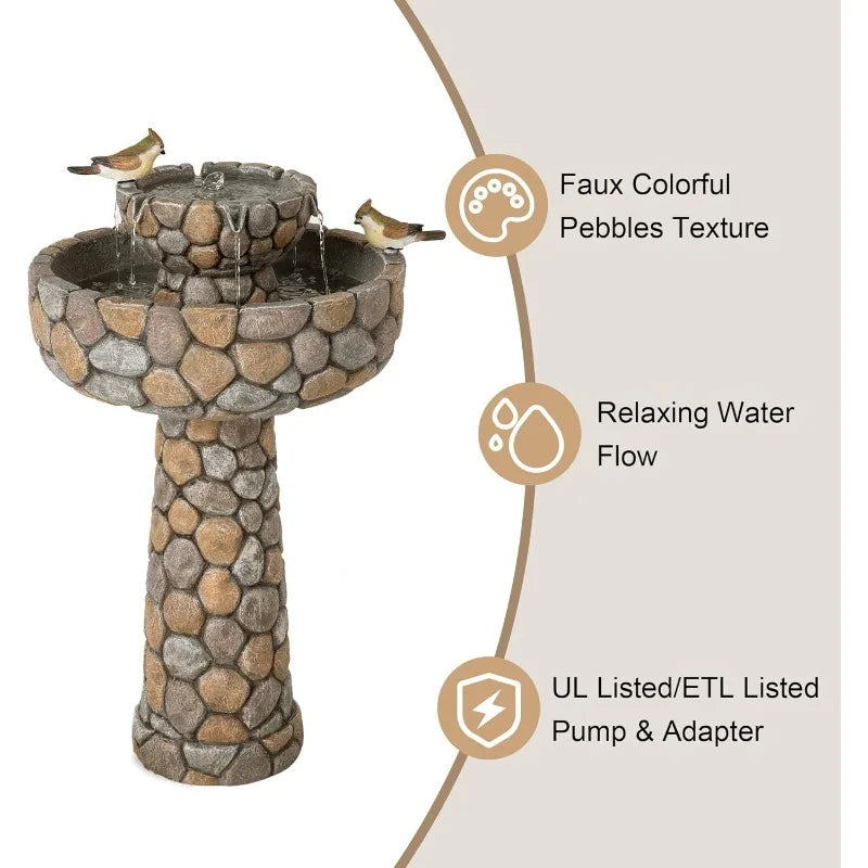 Stone Like Outdoor Water Fountain Bird Bath Patio Fountain Freestanding Waterfall Fountain with Birds Decor