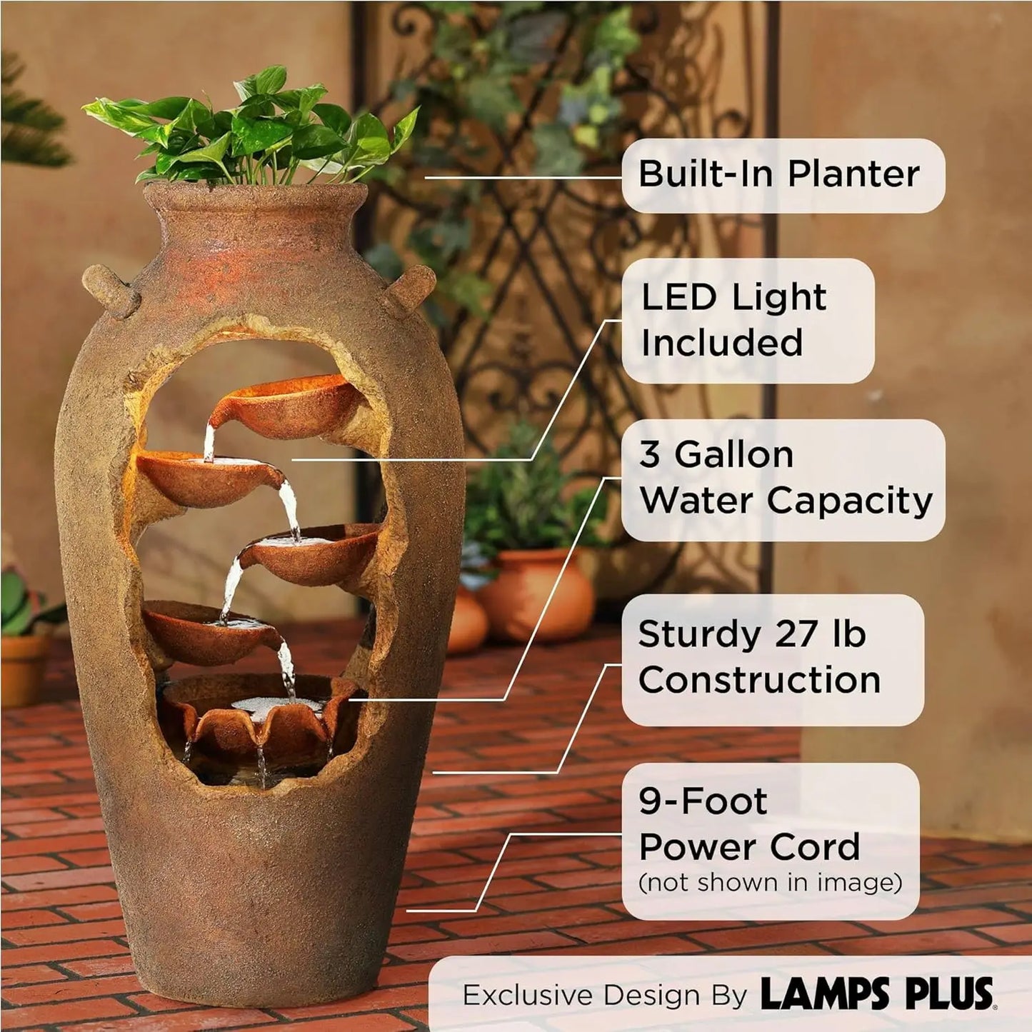 Cascade Rustic Outdoor Floor Urn Waterfall Fountain 33 Inch High with LED Light and Planter Decor for Garden Patio Yard Deck Home