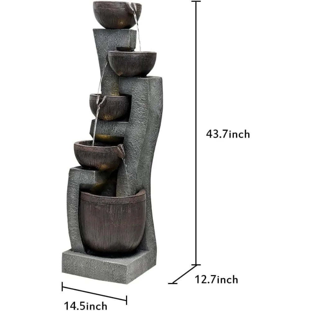 43.7 Inch Indoor Outdoor Modern Water Fountain Five Tiers Garden Cascading Fountain with Lights and Pump Curve Shape Floor Standing
