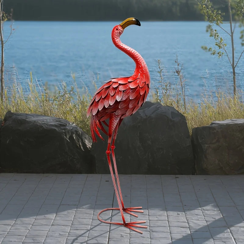 Rustic Metal Flamingo Garden Decor Large Bird Statue for Lawn Backyard Porch Ornament Single Outdoor Sculpture