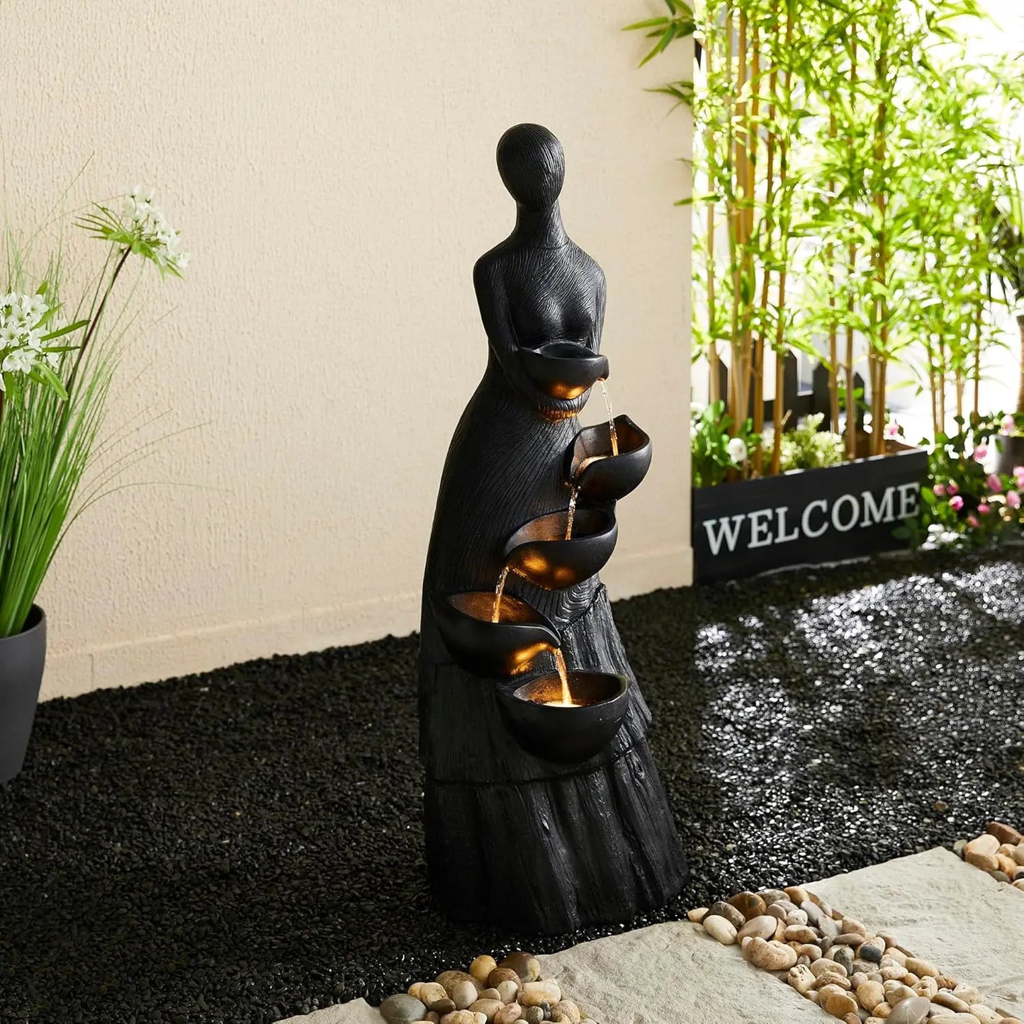 Stone Like Outdoor Water Fountain Bird Bath Patio Fountain Freestanding Waterfall Fountain with Birds Decor