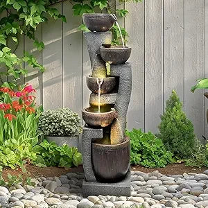 43.7 Inch Indoor Outdoor Modern Water Fountain Five Tiers Garden Cascading Fountain with Lights and Pump Curve Shape Floor Standing