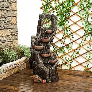 6-Tier Floor Cascading Waterfall Fountain Outdoor Indoor Tree Trunk Water Garden Fountain with LED Lights