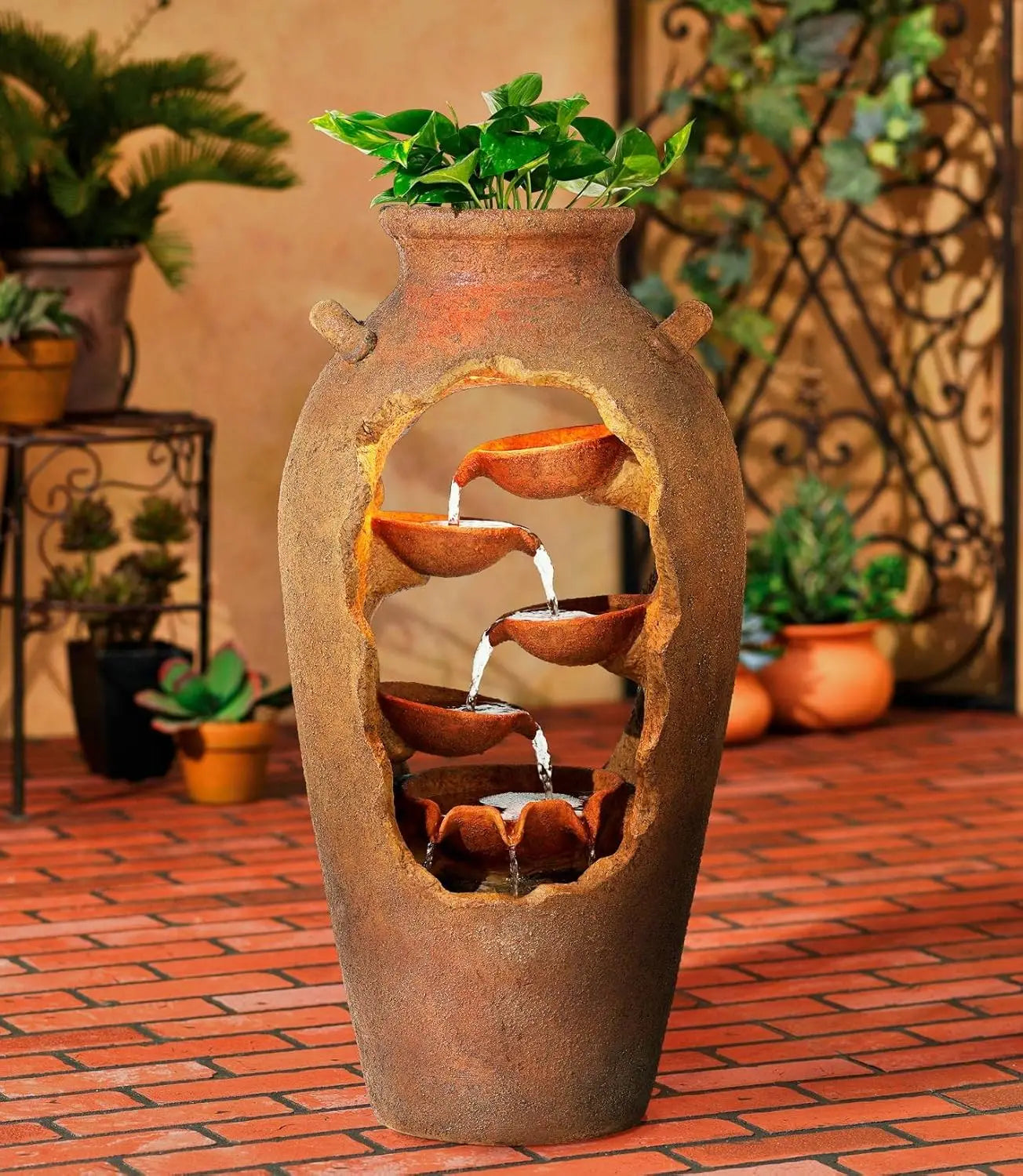 Cascade Rustic Outdoor Floor Urn Waterfall Fountain 33 Inch High with LED Light and Planter Decor for Garden Patio Yard Deck Home