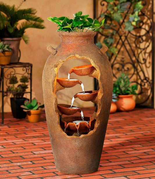 Cascade Rustic Outdoor Floor Urn Waterfall Fountain 33 Inch High with LED Light and Planter Decor for Garden Patio Yard Deck Home