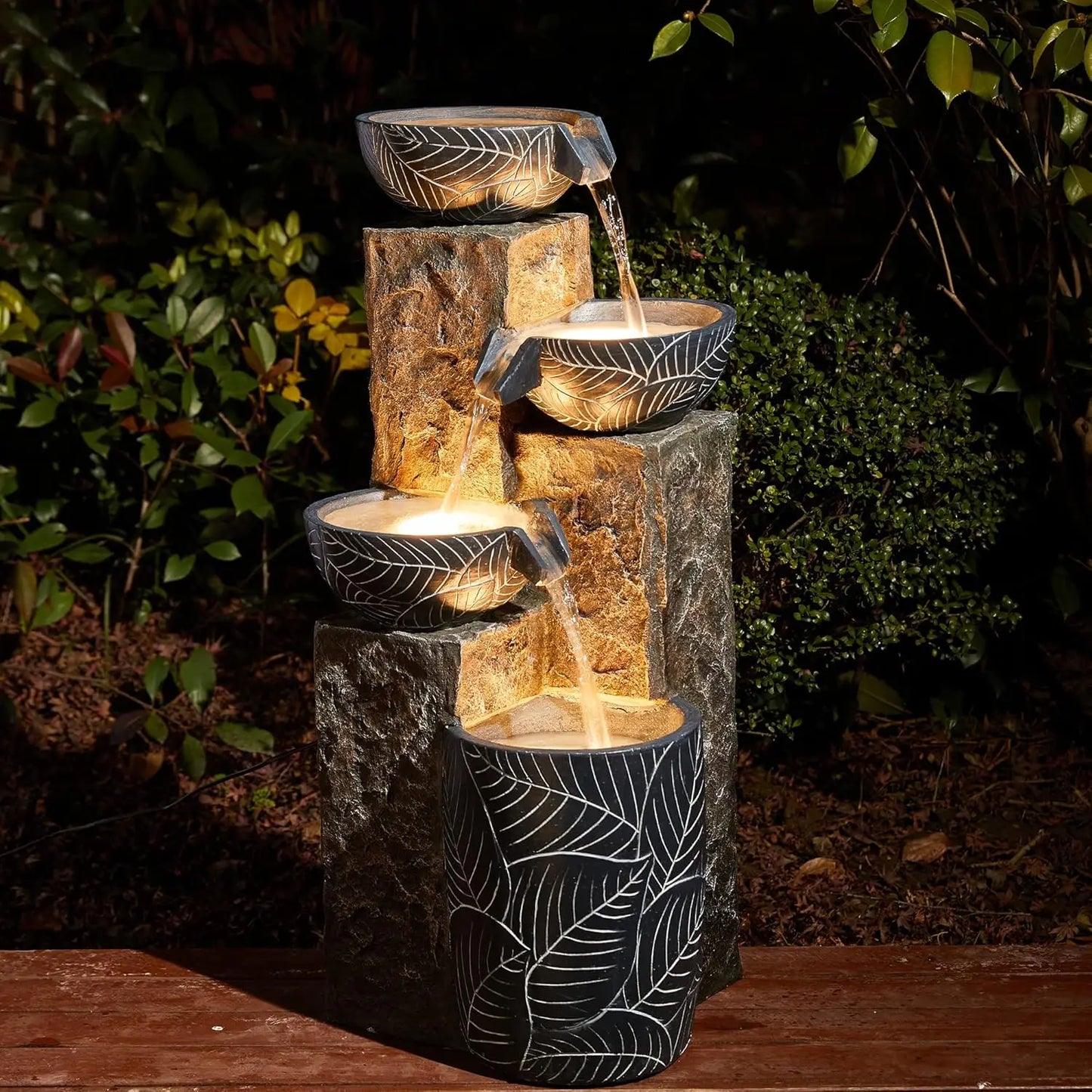 Stone Like Outdoor Water Fountain Bird Bath Patio Fountain Freestanding Waterfall Fountain with Birds Decor