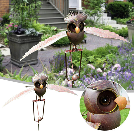 Flapping Metal Brown Gray Owl Yard Stake Rocking Wind Whirly Garden Art Outdoor Decoration