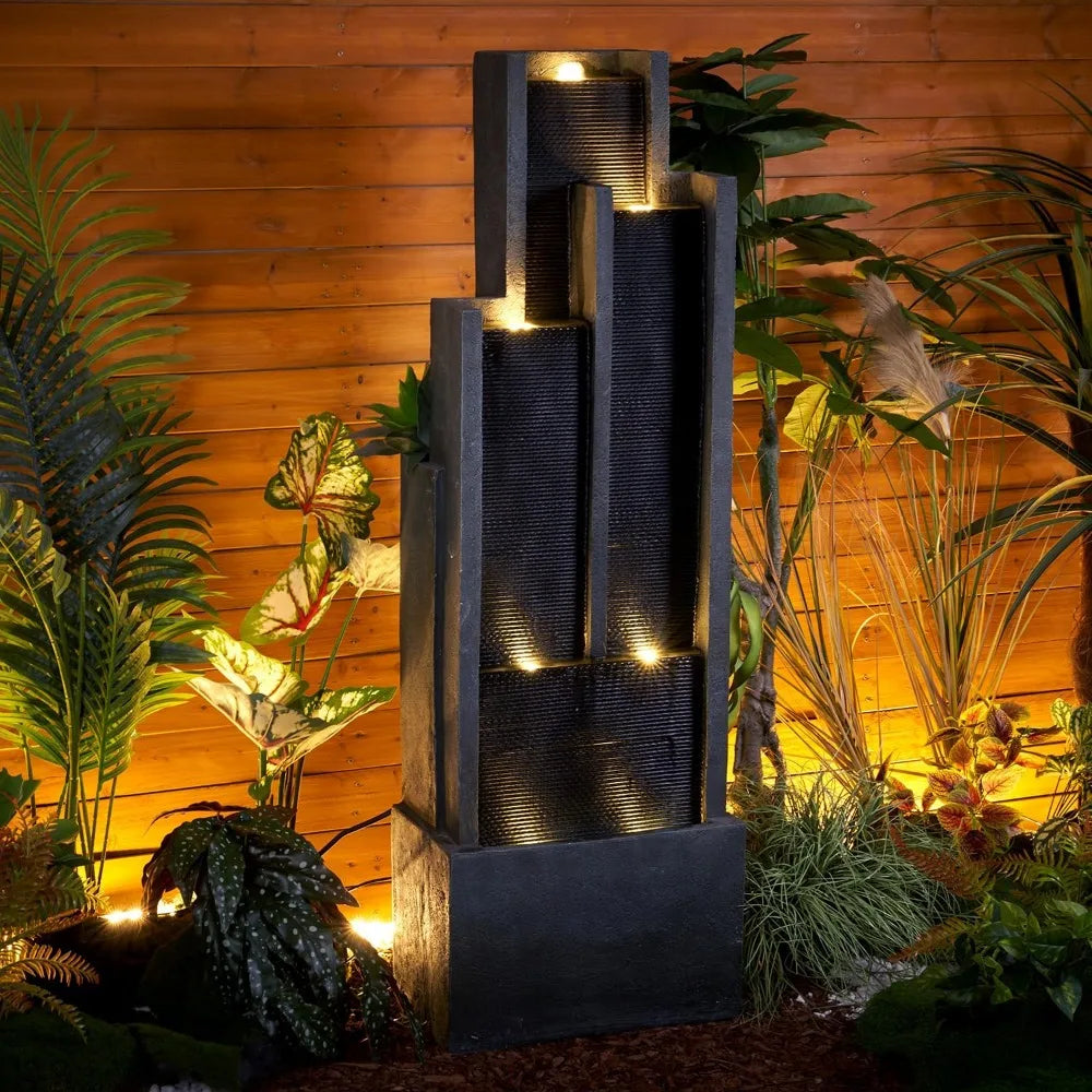 Tier Modern Cascading Indoor Outdoor Fountain with LED Lights - Large Water Fountain for Garden Patio and Yard
