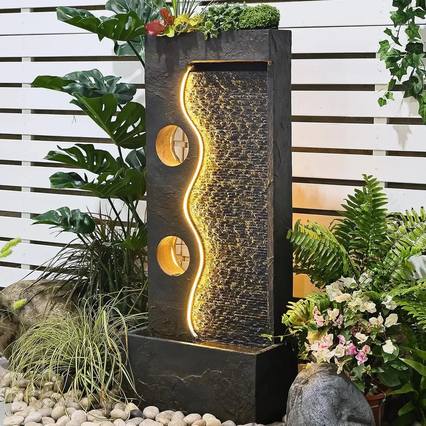 Outdoor Water Fountain Garden Feature - Large Freestanding Modern Waterfall Design with Faux Rust Finish