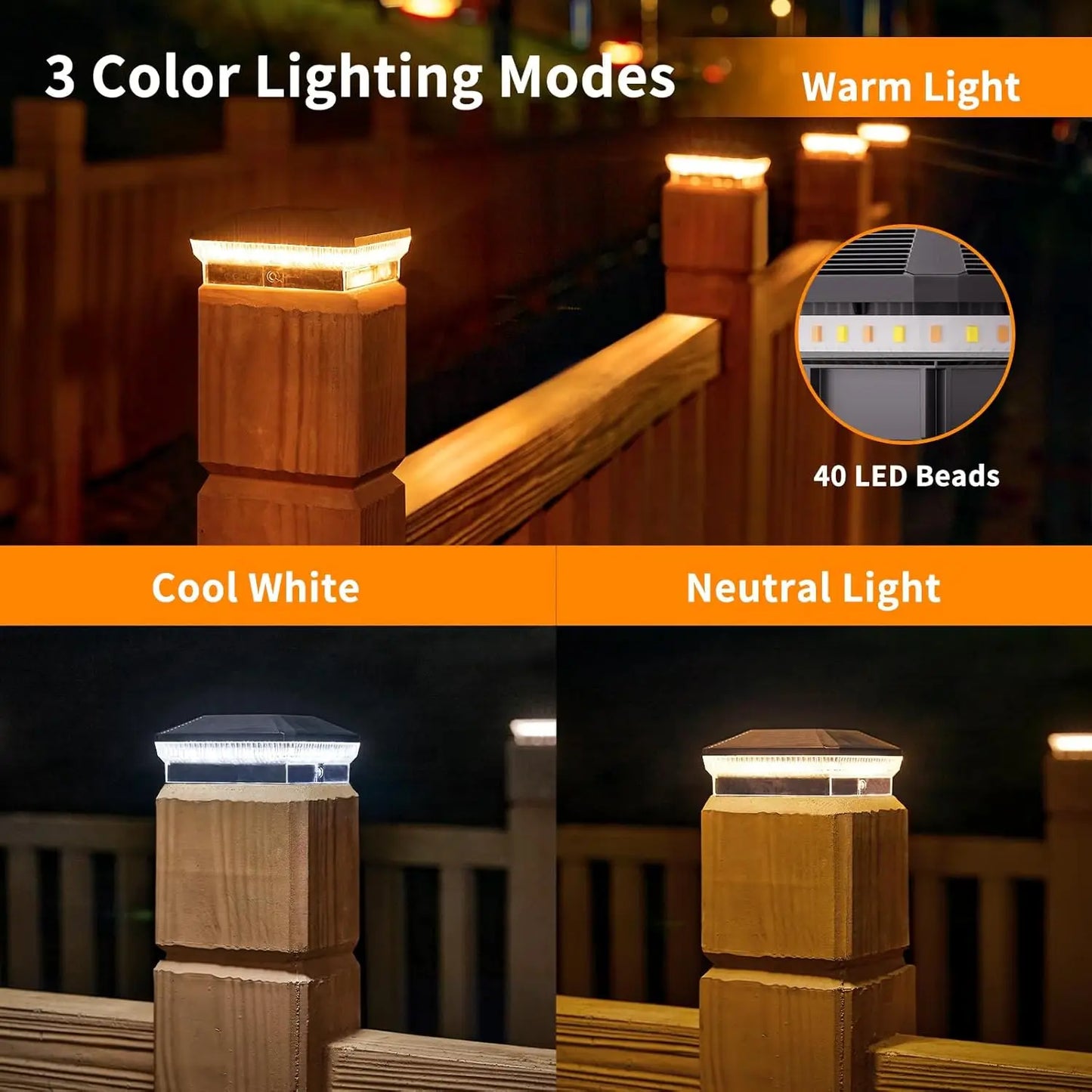 6 Pack 4x4 Solar Post Lights Outdoor 40 LEDs 30 Lumens Fence Post Lights with 3 Modes
