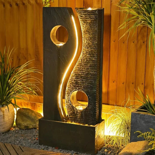 Outdoor Water Fountain Garden Feature - Large Freestanding Modern Waterfall Design with Faux Rust Finish