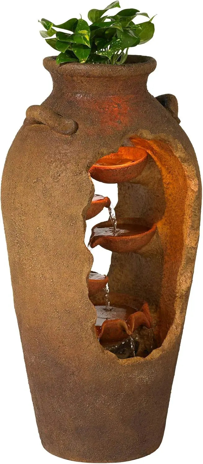 Cascade Rustic Outdoor Floor Urn Waterfall Fountain 33 Inch High with LED Light and Planter Decor for Garden Patio Yard Deck Home