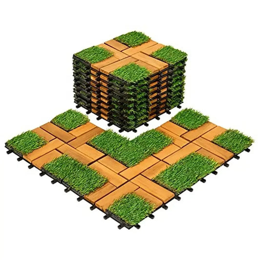 12 Inch by 12 Inch Artificial Grass Tiles Acacia Wood Deck Home Patio Kitchen Outdoor Garden Decor Set of 9 Tiles Natural Feel Soft