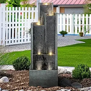 43.7 Inch Indoor Outdoor Modern Water Fountain Five Tiers Garden Cascading Fountain with Lights and Pump Curve Shape Floor Standing