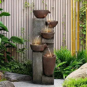 43.7 Inch Indoor Outdoor Modern Water Fountain Five Tiers Garden Cascading Fountain with Lights and Pump Curve Shape Floor Standing