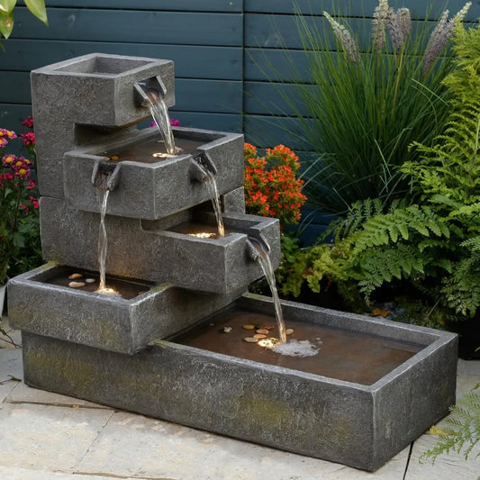 Tiered Water Fountain Outdoor Garden Freestanding Cascade Fountain Modern Concrete Artistry with LED Light